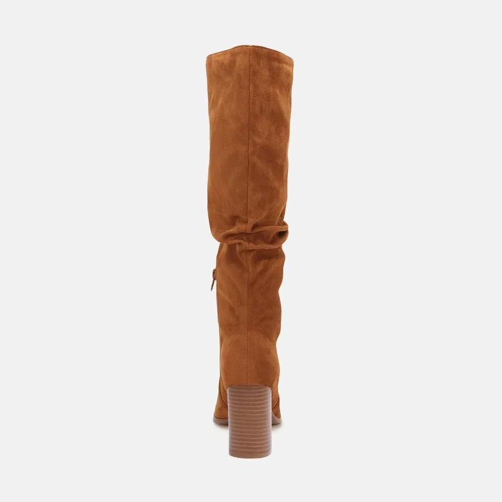 Women's Dark Brown Chunky High Heel Square Zipper Wide Calf Knee High Boots